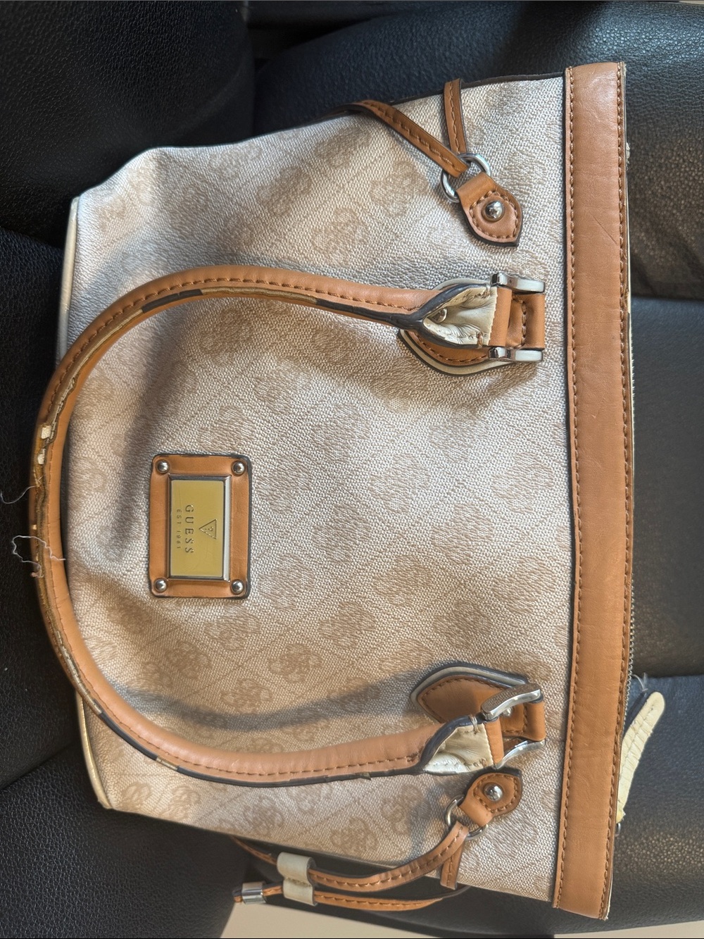 Vintage Guess Cream Monogram Shoulder Bag with Tan Trim